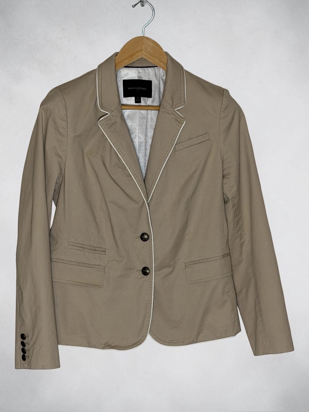 Banana Republic Women’s 12 Stretch Cotton Blazer Khaki Ivory Piping Preppy